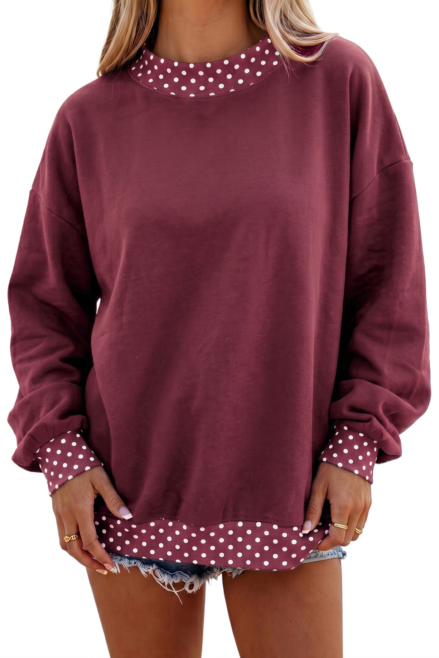 Women's Burgundy Sweatshirt, Casual Polka Dot Mock Neck - Main View