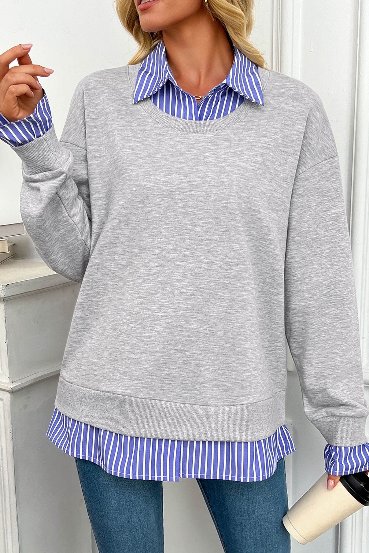 Women Grey Long Sleeve Sweatshirt, Cozy Cotton Blend Top - Detail View 3