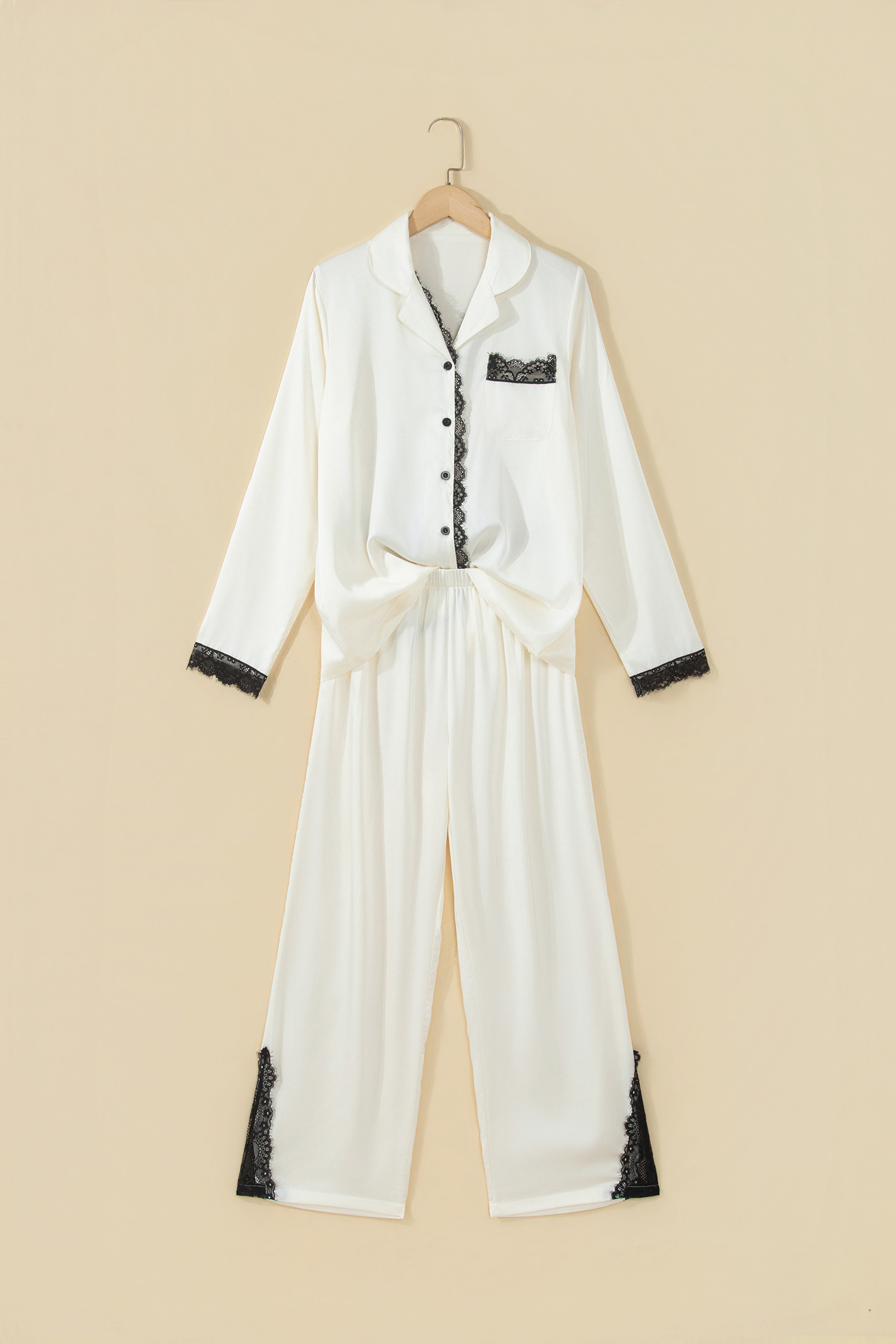 Chic White Lace Pajamas, Long Sleeve Button Front Sleepwear - Detail View 2