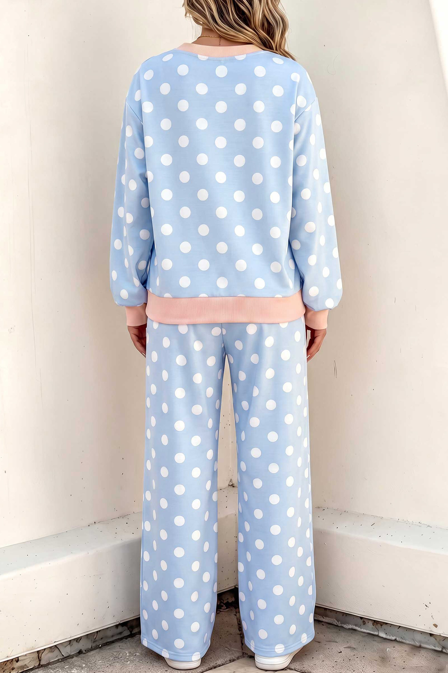 Sky Blue Polka Dot Pants Set, Long Sleeve Contrast Trim - Detail View 2