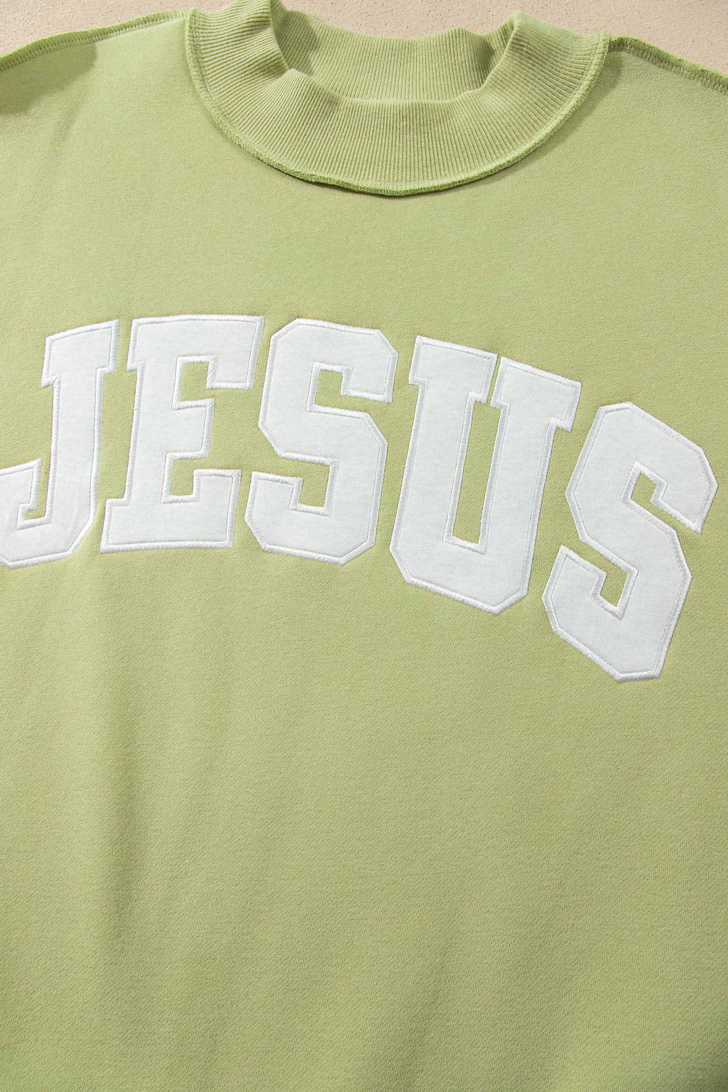 Women's Baggy Sweatshirt, Green Mock Neck Jesus Graphic - Detail View 7