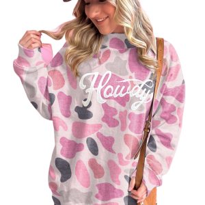 Womens Pink Camo Pullover, Western Howdy Sweatshirt - Main View