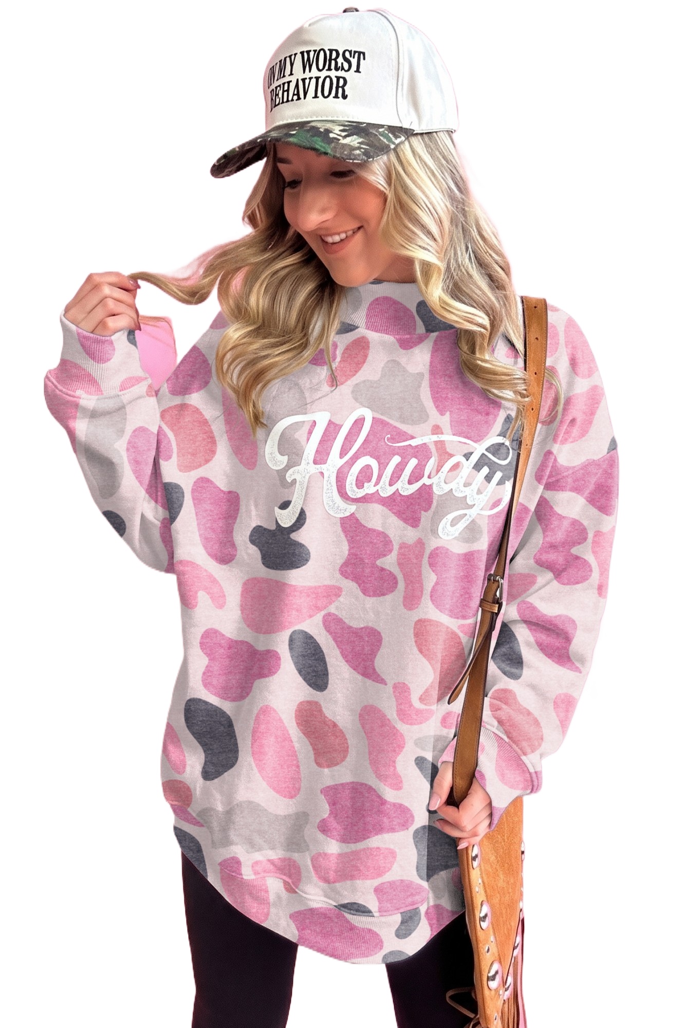 Womens Pink Camo Pullover, Western Howdy Sweatshirt - Main View
