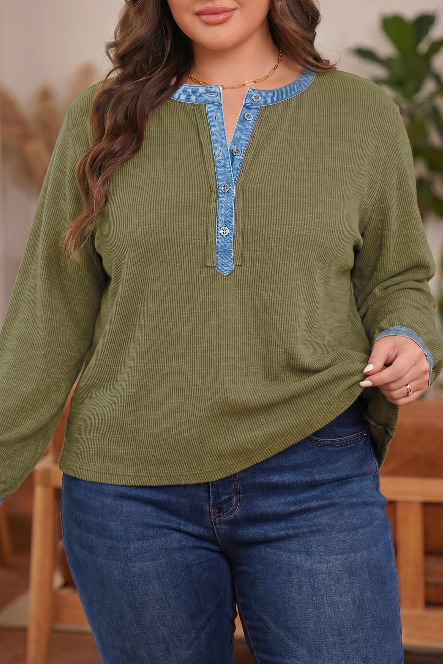 Womens Patchwork Knit Shirt, Denim Accent Blouse - Detail View 2