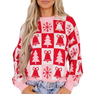 Women's Christmas Sweater, Casual Round Neck Pink Knitwear - Main View