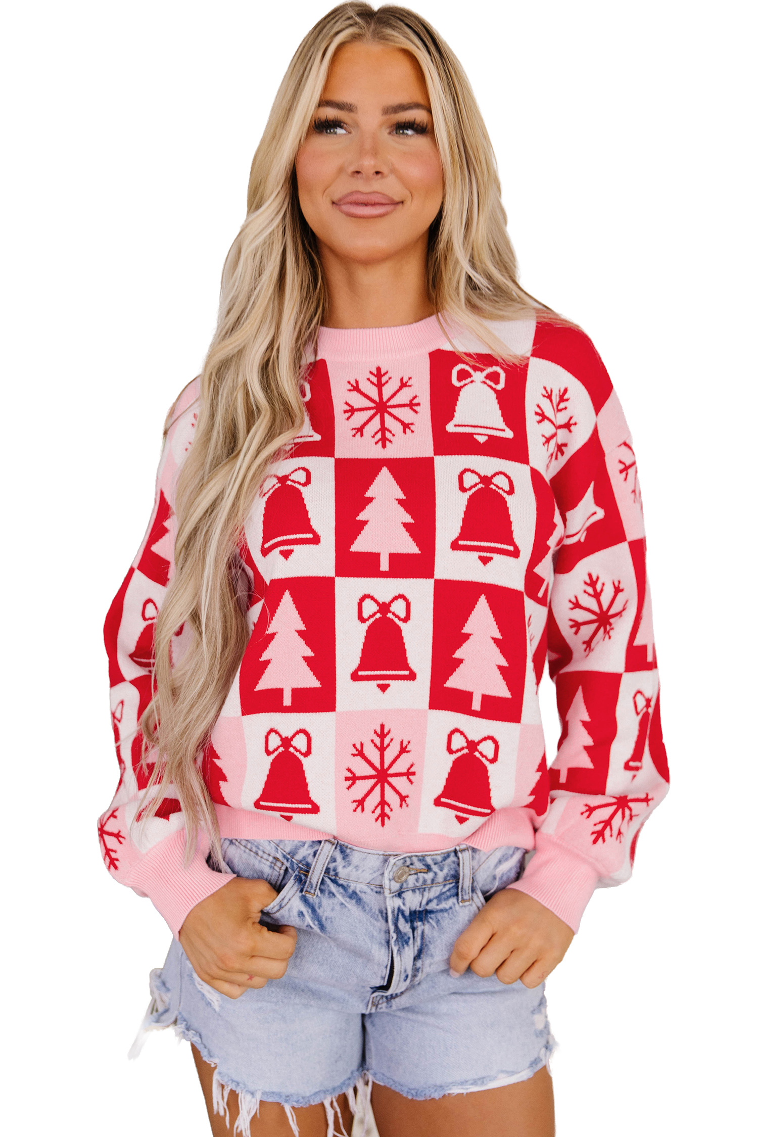 Women's Christmas Sweater, Casual Round Neck Pink Knitwear - Main View