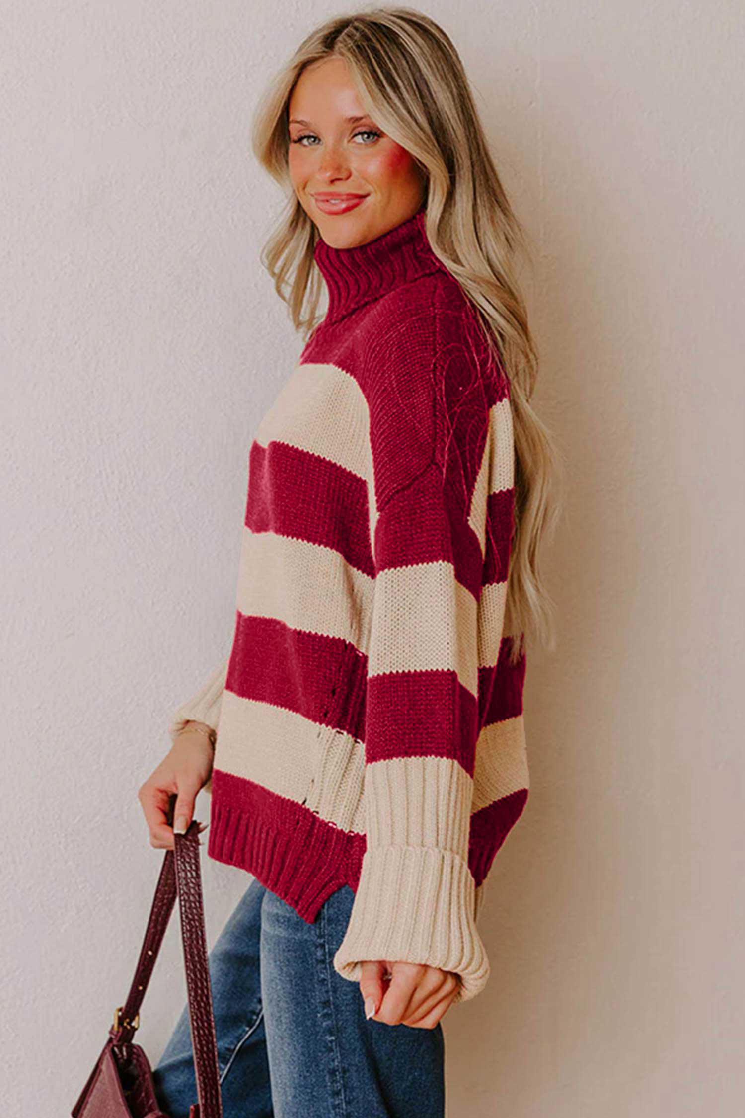 Soft Cotton Blend Sweater, Women's Daily Striped Pullover - Detail View 3