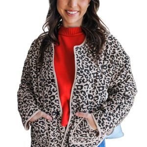 Women's Leopard Print Quilted Jacket, Casual Khaki Outerwear - Main View