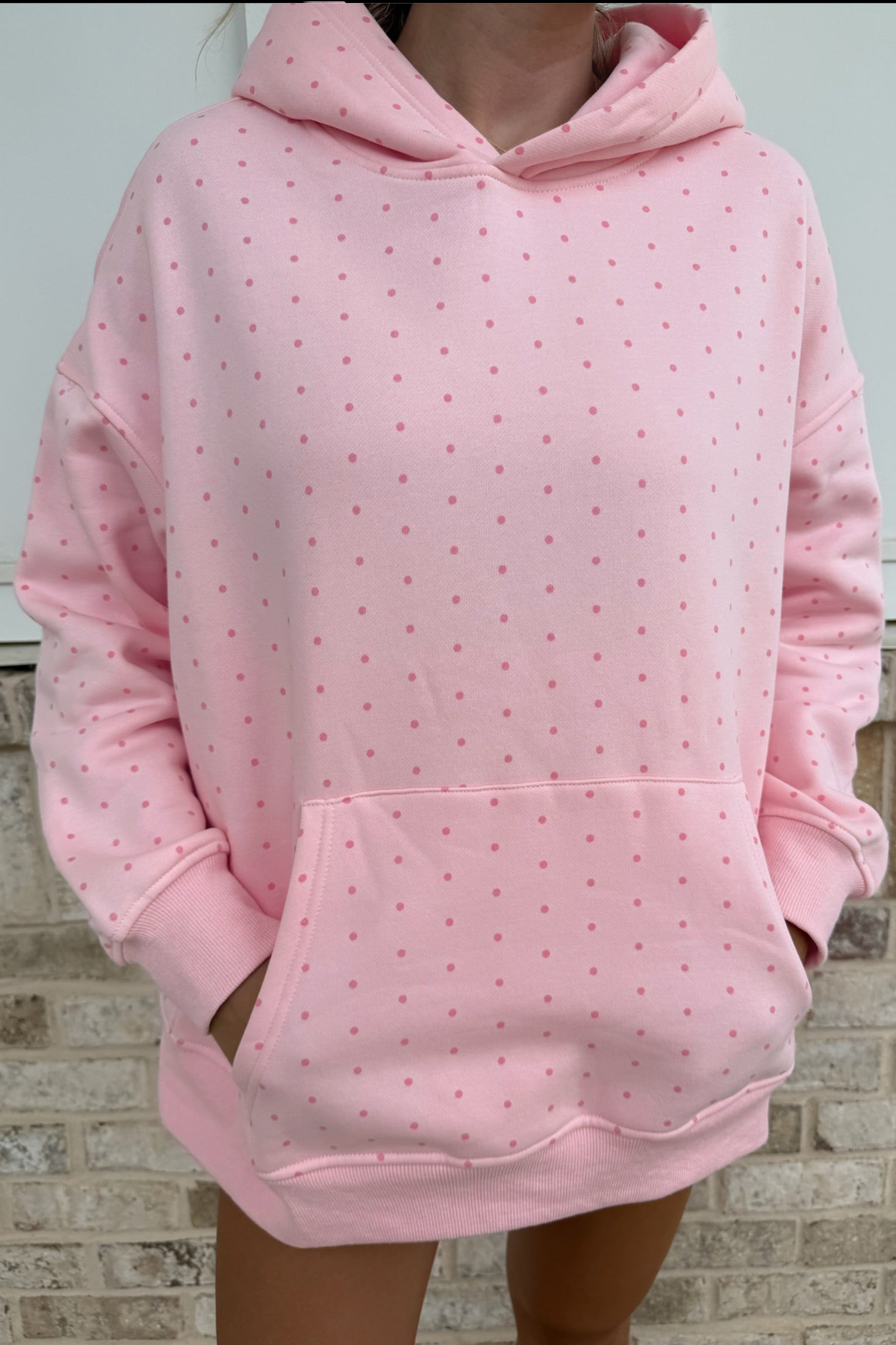 Cozy Pink Polka Dot Hoodie Shorts Set, Soft Women Outfit - Detail View 3