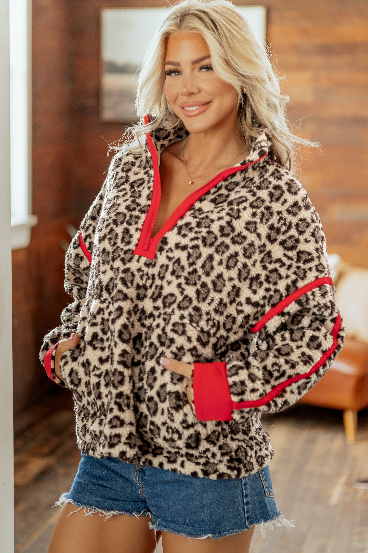 Brown Leopard Print Sweatshirt, Red Accent Women Top - Detail View 5