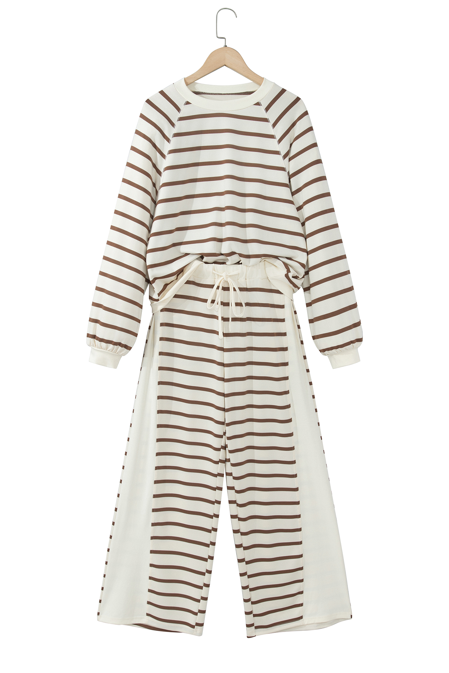 Khaki Stripe Two Piece Set, Women Contrast Trim Pants - Detail View 2