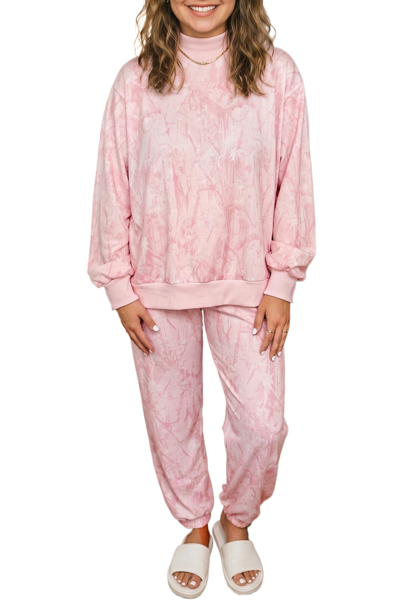 Women's Pink Camo Lounge Set, Casual Mock Neck Two Piece - Main View