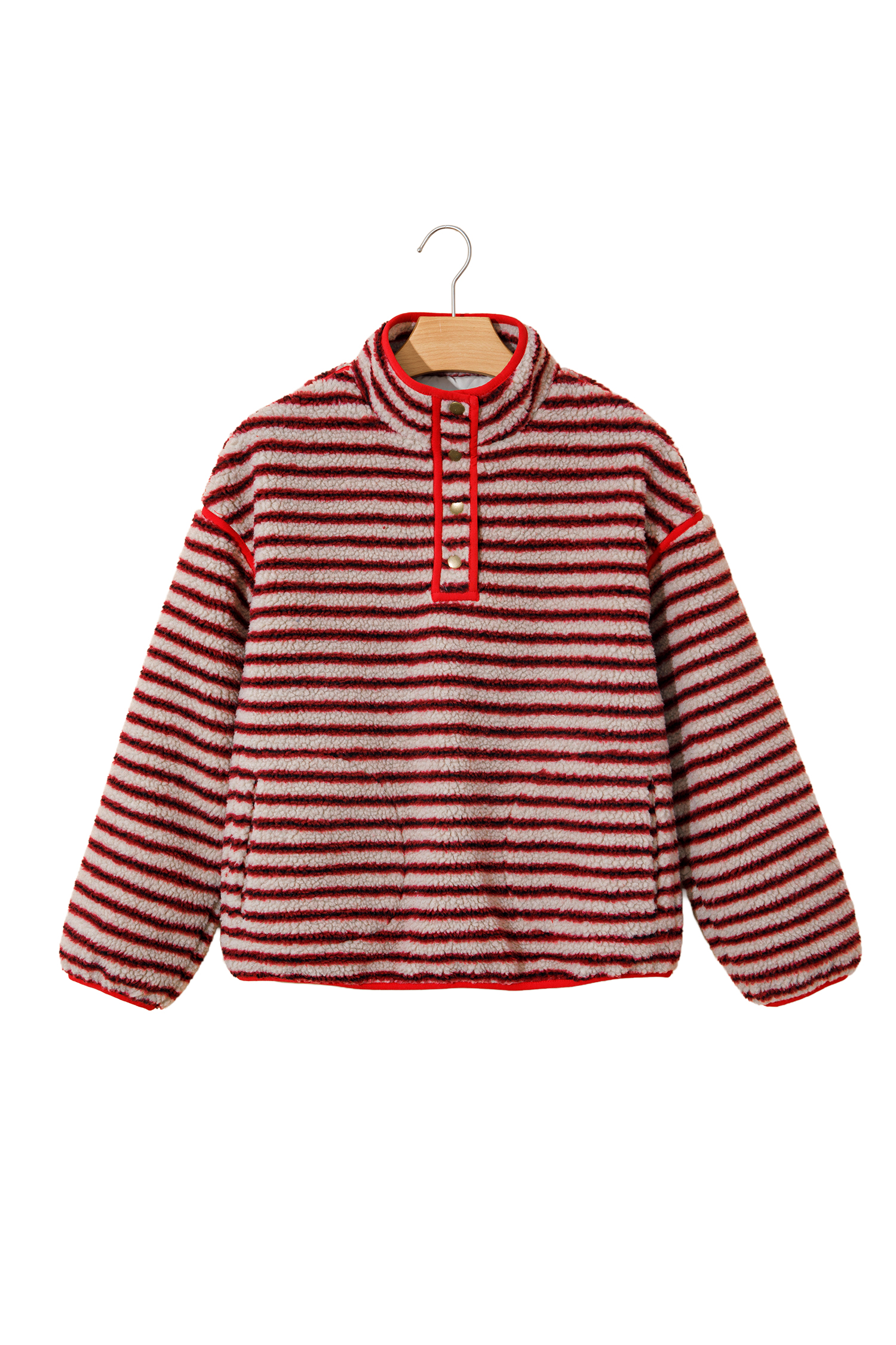 Women's Striped Fleece Sweatshirt, Stand Neck Pullover - Detail View 5