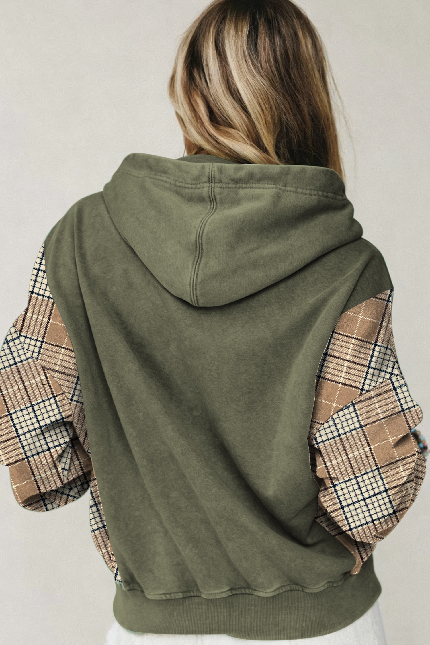 Women's Plaid Contrast Hoodie, Fall Moss Green Sweatshirt - Detail View 2