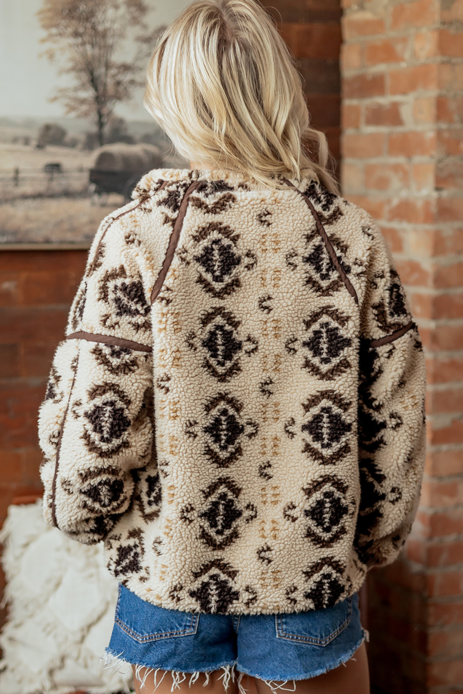 Aztec Print Fleece Sweatshirt, Women's Western Boho Khaki - Detail View 2