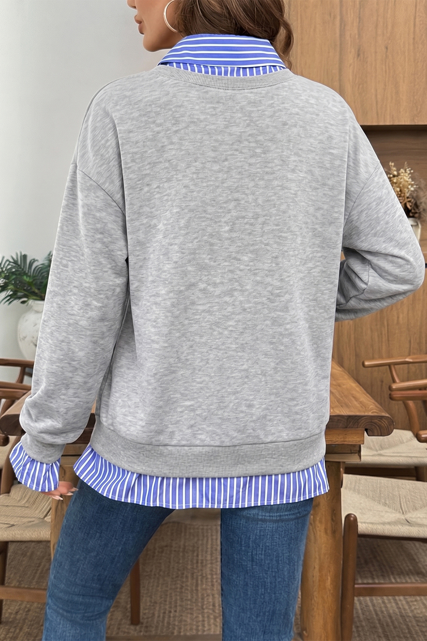 Women Grey Long Sleeve Sweatshirt, Cozy Cotton Blend Top - Detail View 6