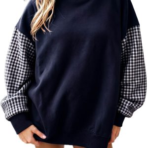 Navy Plaid Colorblock Sweatshirt, Women's Casual Tunic - Main View