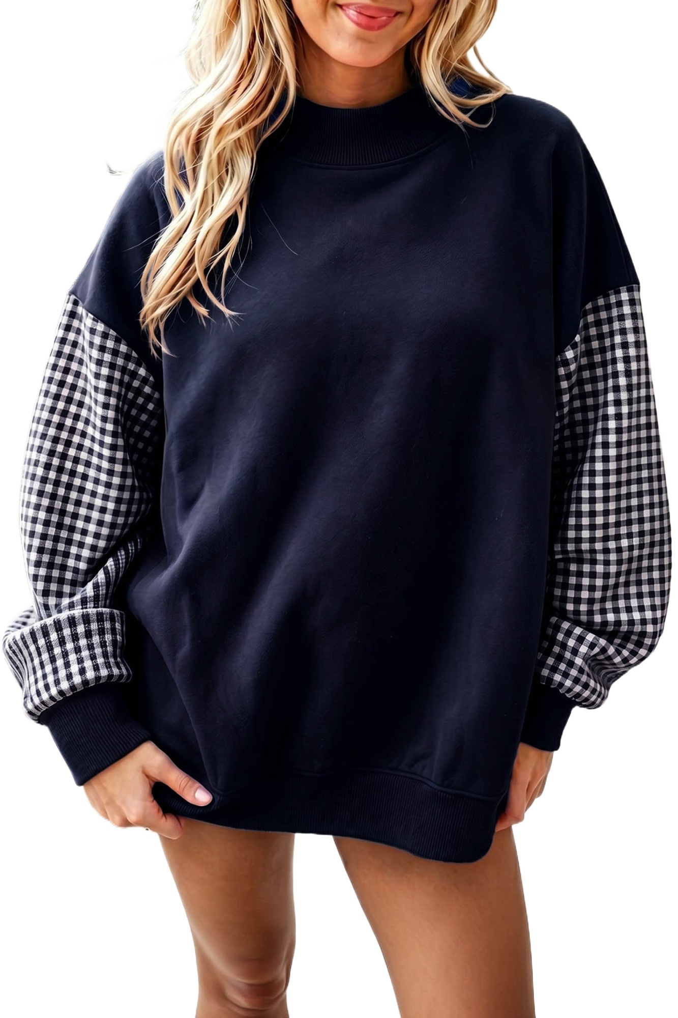 Navy Plaid Colorblock Sweatshirt, Women's Casual Tunic - Main View