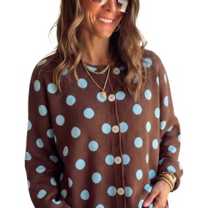Brown Polka Dot Cardigan, Casual Round Neck Women's Sweater - Main View