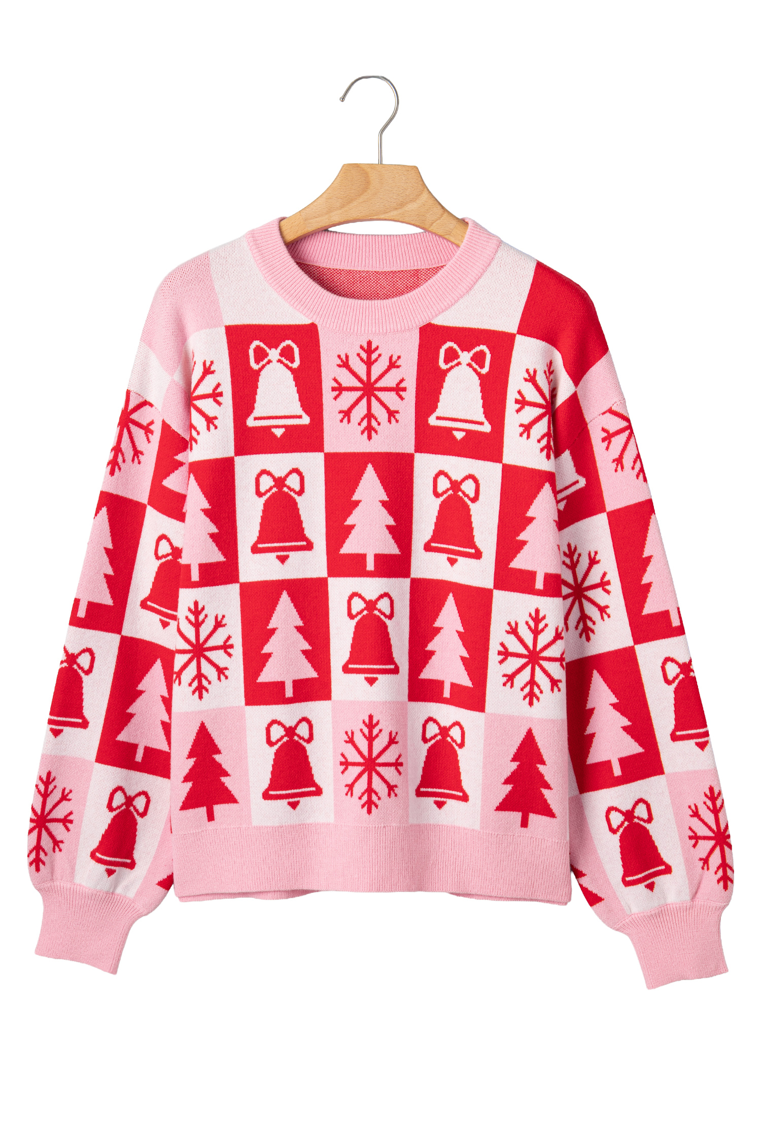 Women's Plaid Knit Sweater, Festive Pink Holiday Pullover - Detail View 8