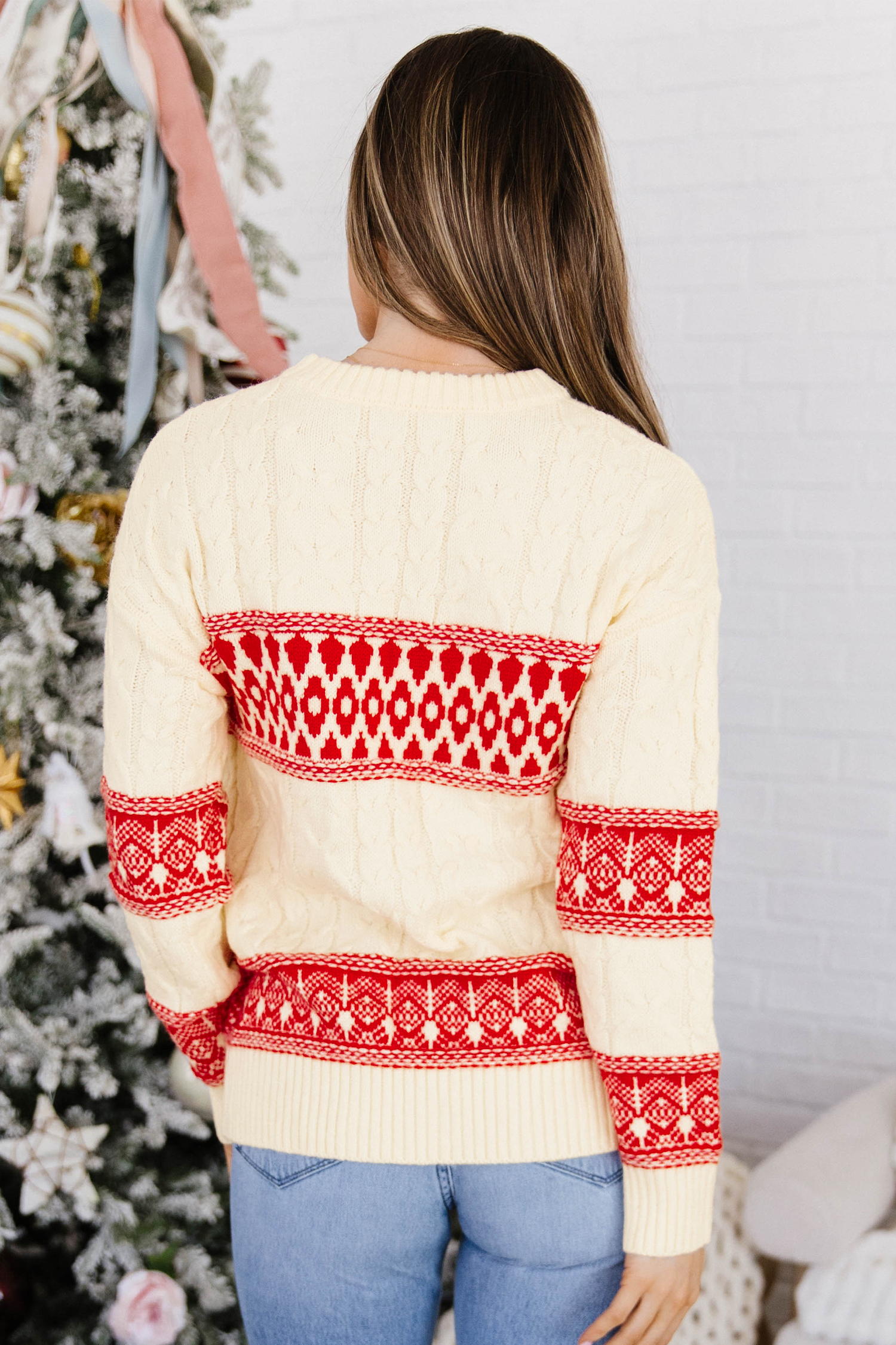 Red Western Pattern Sweater, Chic Apres Ski Women's Knit - Detail View 2