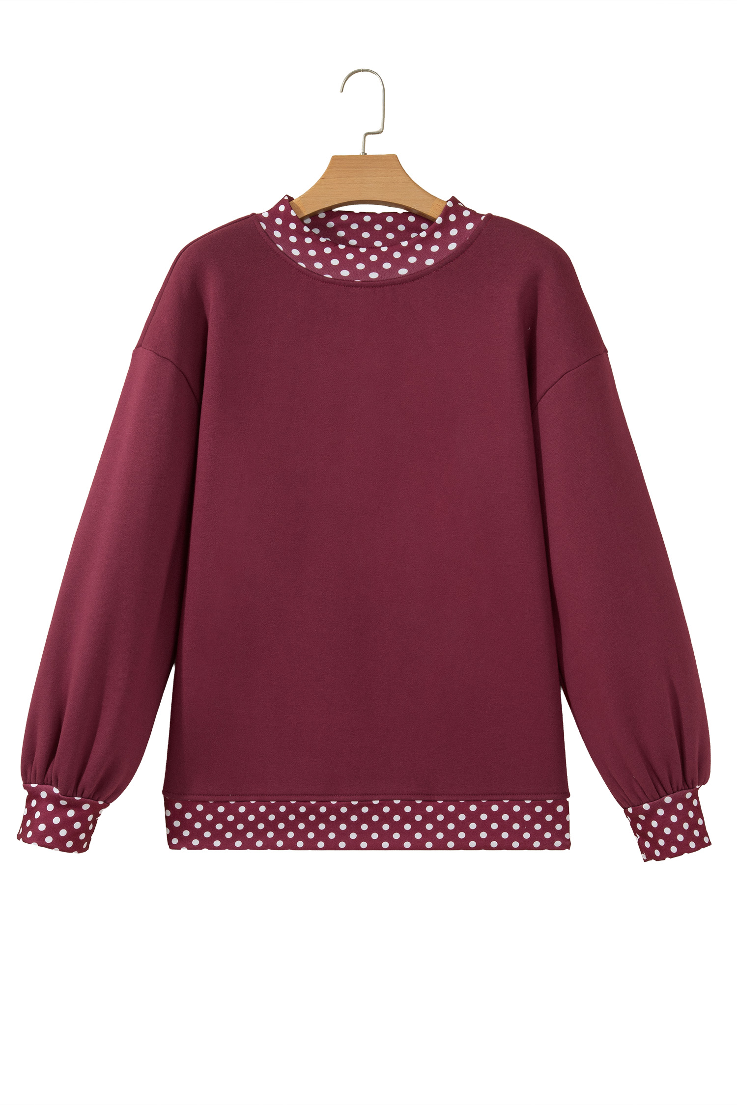 Polka Dot Trim Pullover, Women's Oversized Burgundy Top - Detail View 2