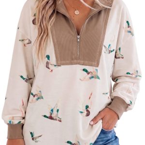 Women's Mallard Print Zip Tunic, Casual Long Sleeve Top - Main View