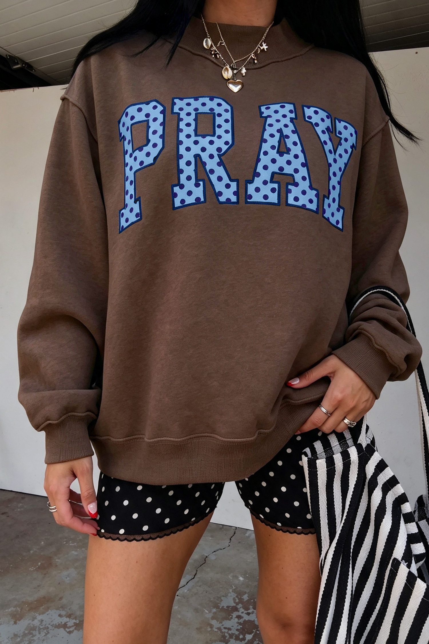 Brown Polka Dot PRAY Sweatshirt, Women's Faith Mock Neck - Detail View 2