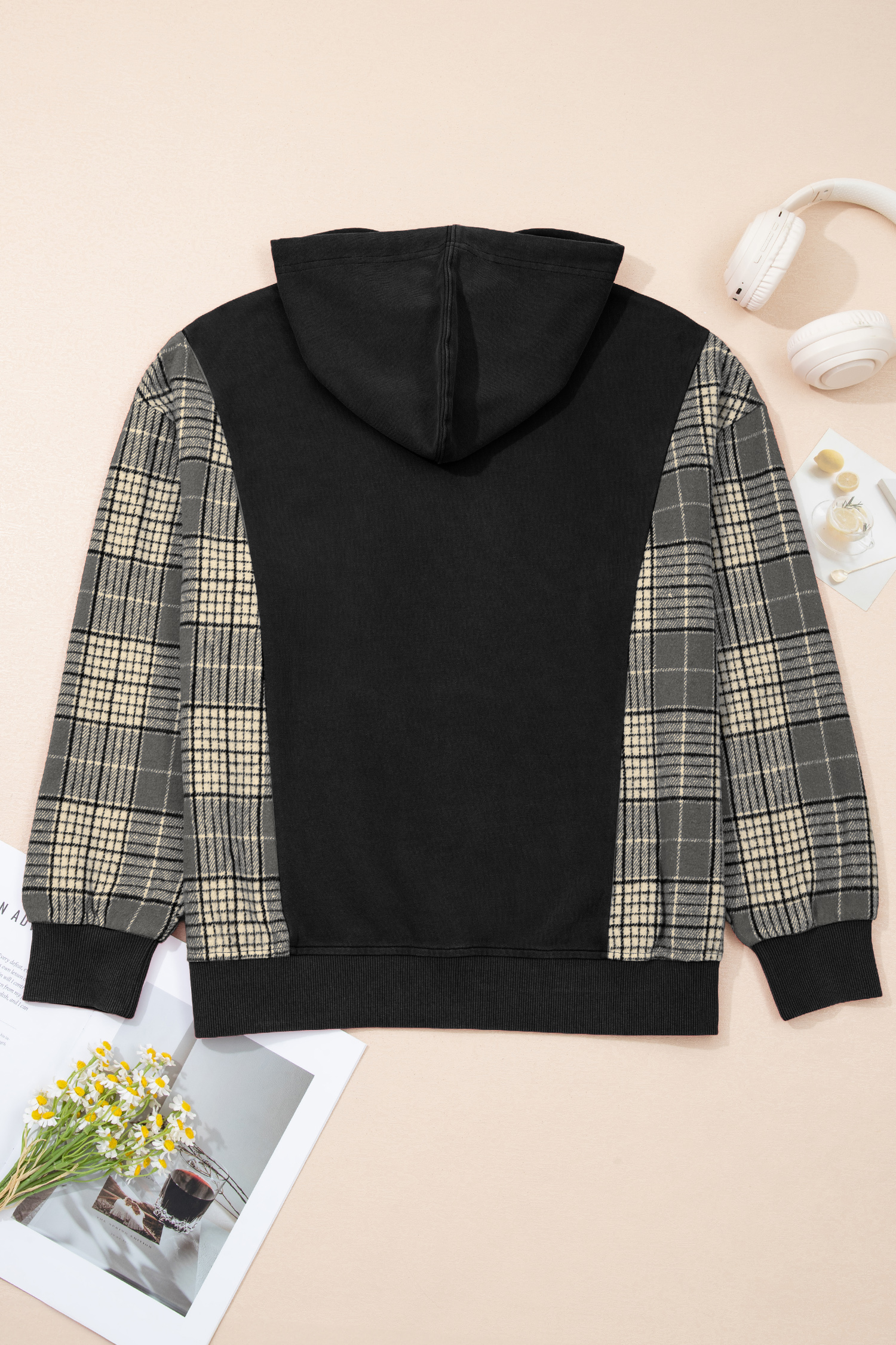 Cotton Plaid Sleeve Hooded Sweatshirt, Women's Casual - Detail View 6