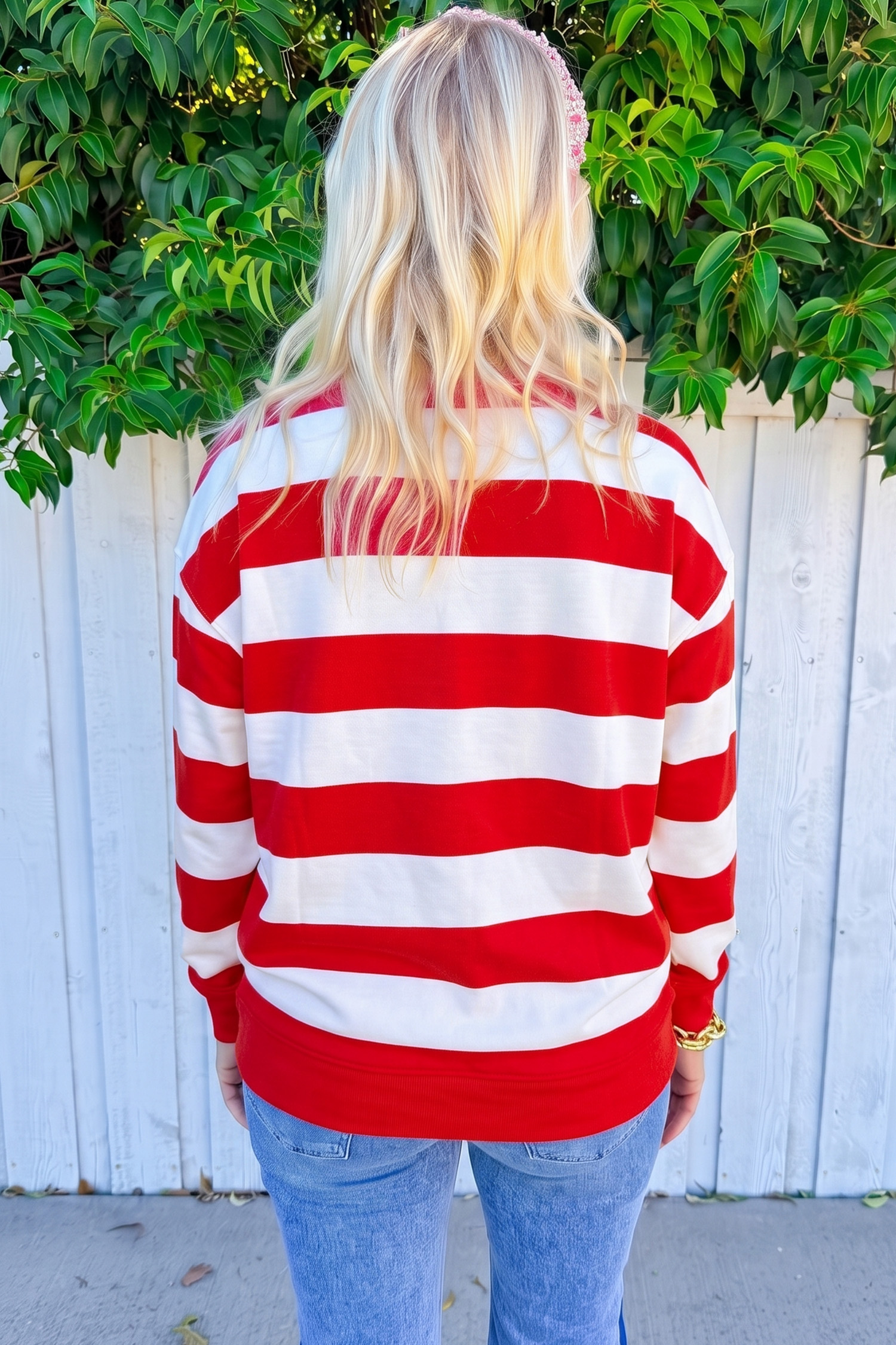 Red Striped Holiday Letter Pullover, Women's Festive Top - Detail View 2