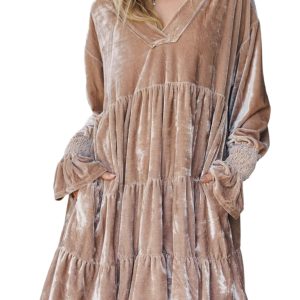 Velvet Tiered Dress, Women's Casual V Neck Short Mini - Main View