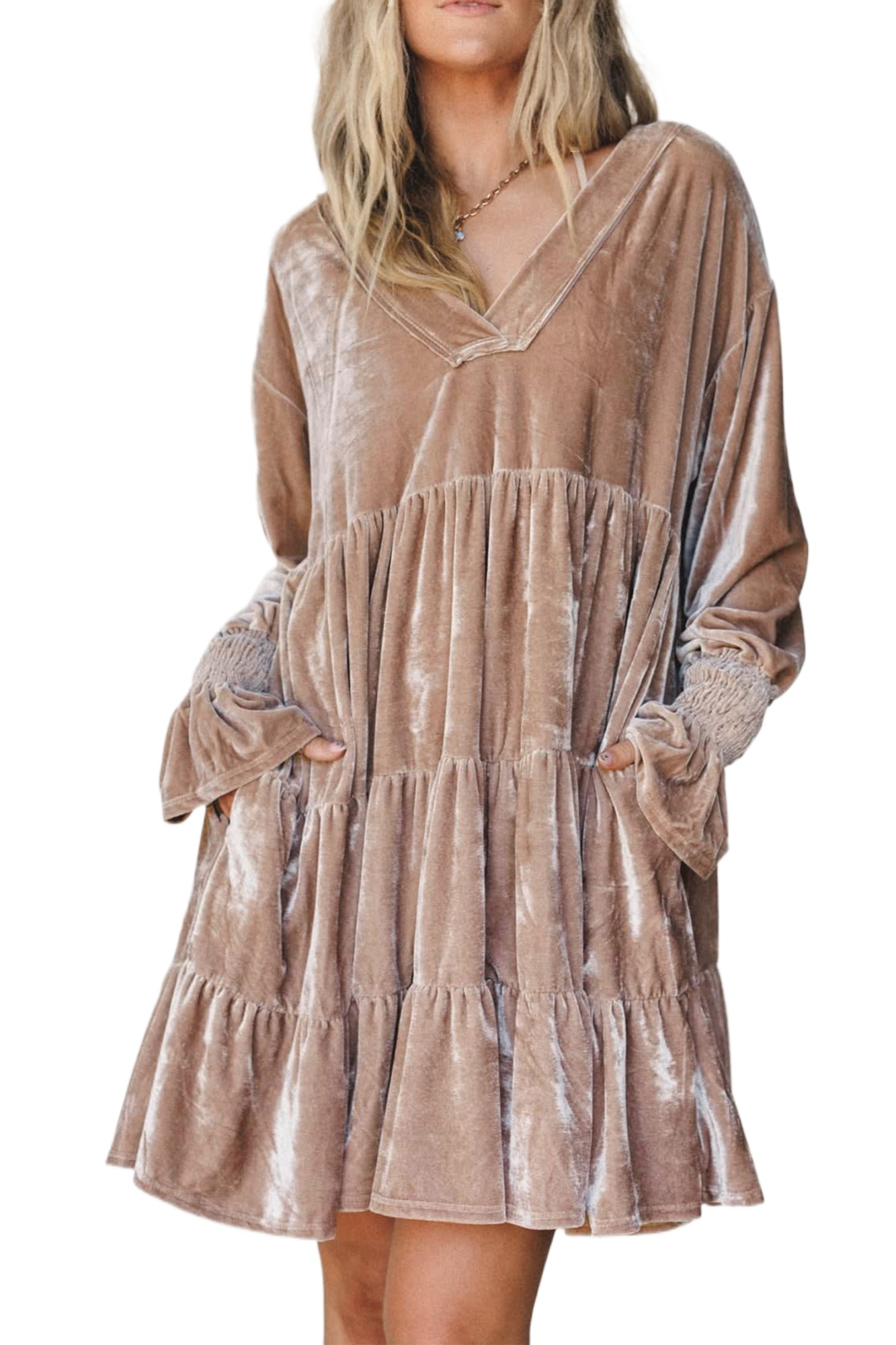 Velvet Tiered Dress, Women's Casual V Neck Short Mini - Main View