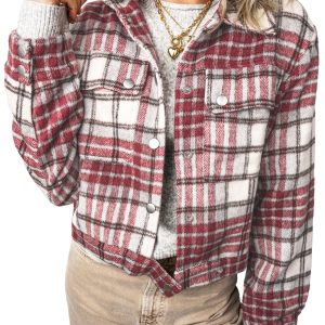 Women's Red Plaid Flannel Jacket, Vintage Button Up Daily Wear - Main View