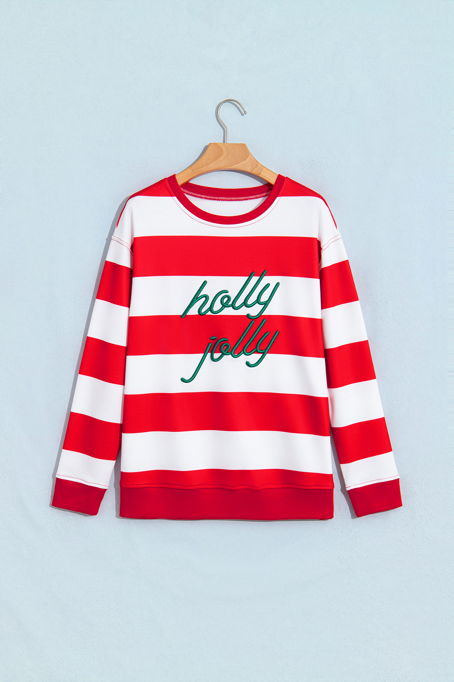 Red Striped Holiday Letter Pullover, Women's Festive Top - Detail View 5