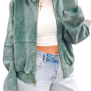 Washed Cotton Zip Jacket, Casual Women's Daily Sweatshirt - Main View