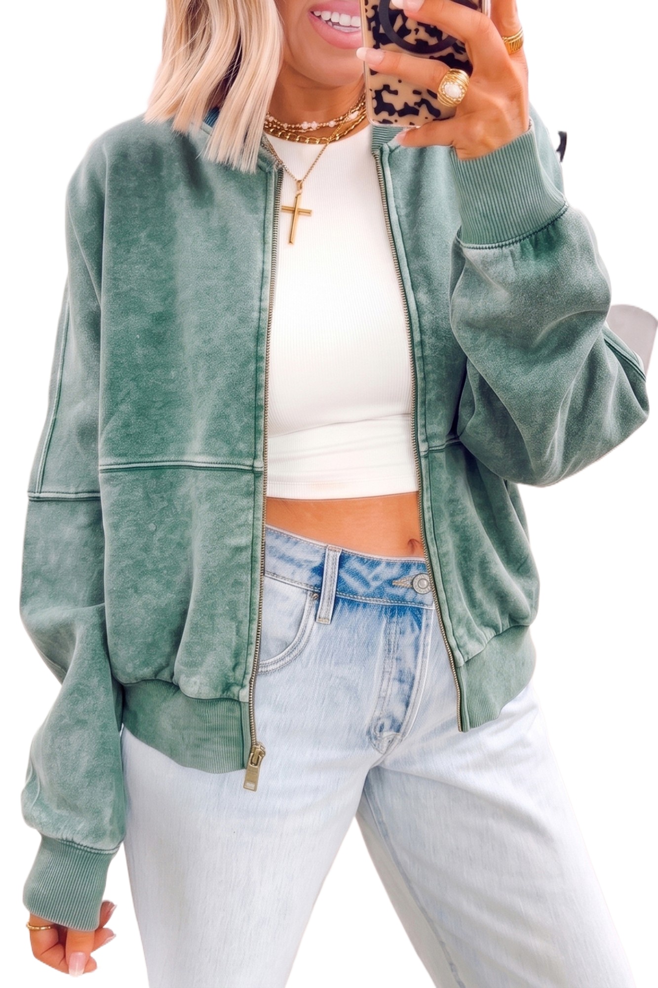 Washed Cotton Zip Jacket, Casual Women's Daily Sweatshirt - Main View