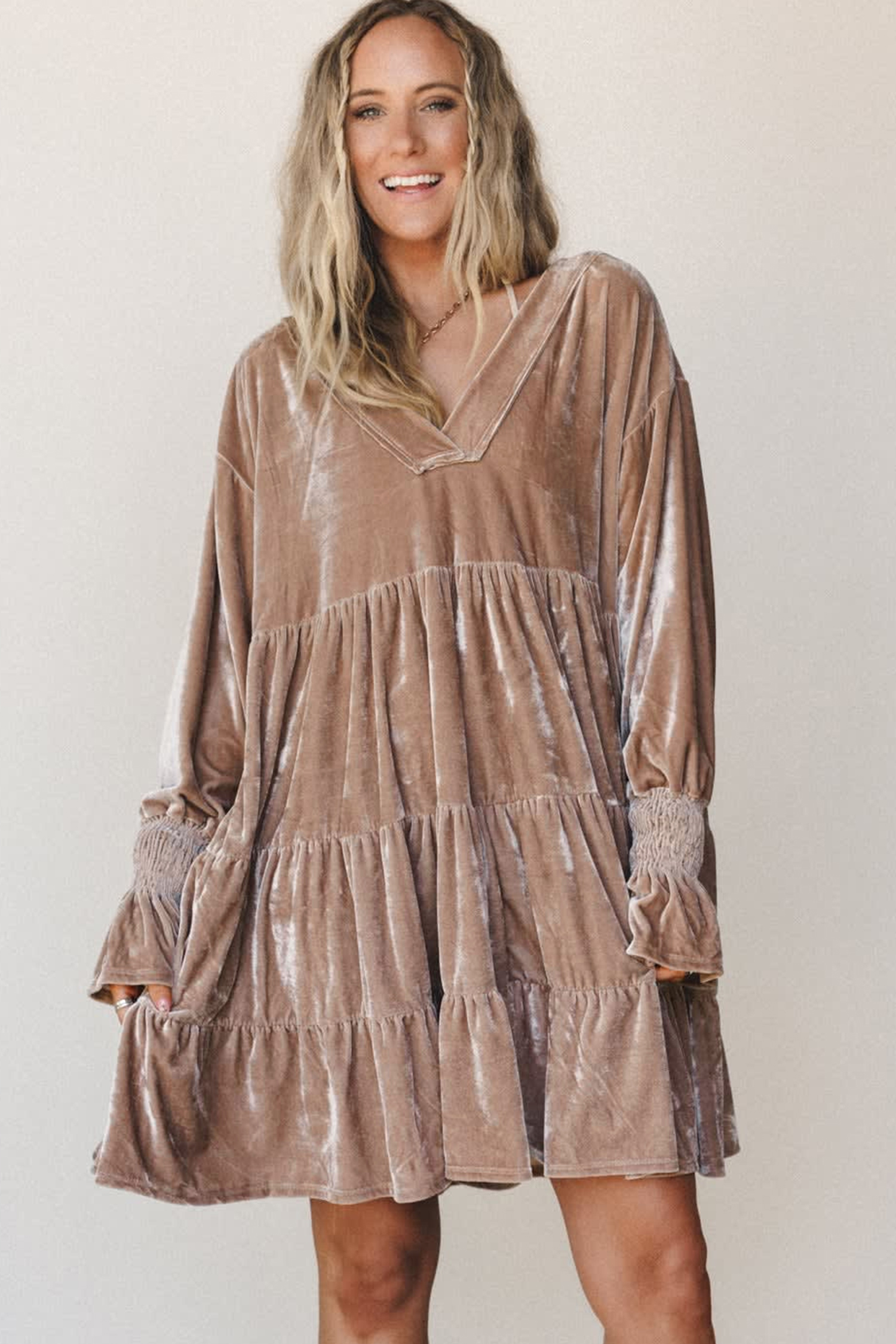 Smoke Gray Velvet Dress, Women's Tiered Autumn Style - Detail View 5