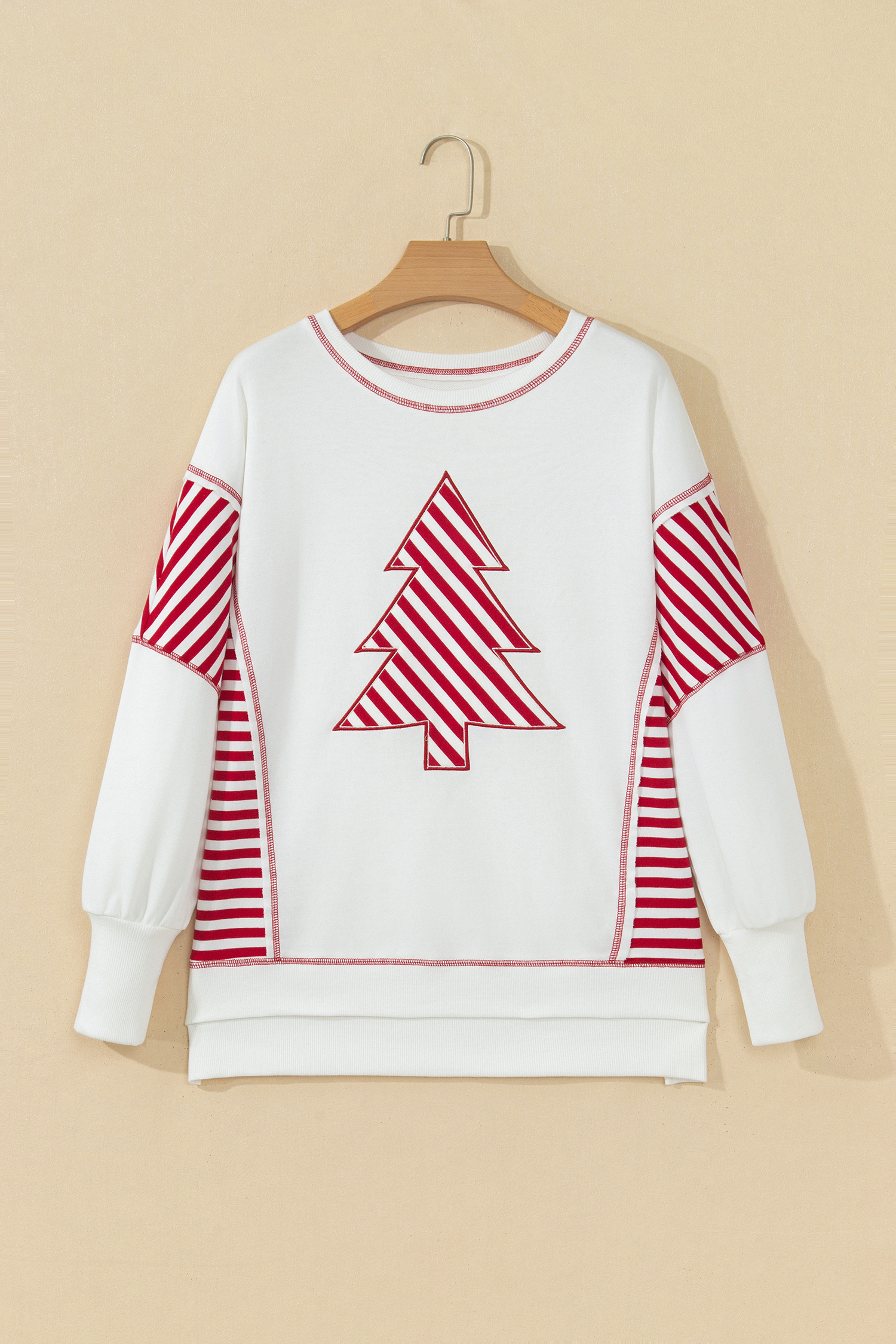 Women's Striped Patchwork Top, Festive Holiday Crewneck - Detail View 2