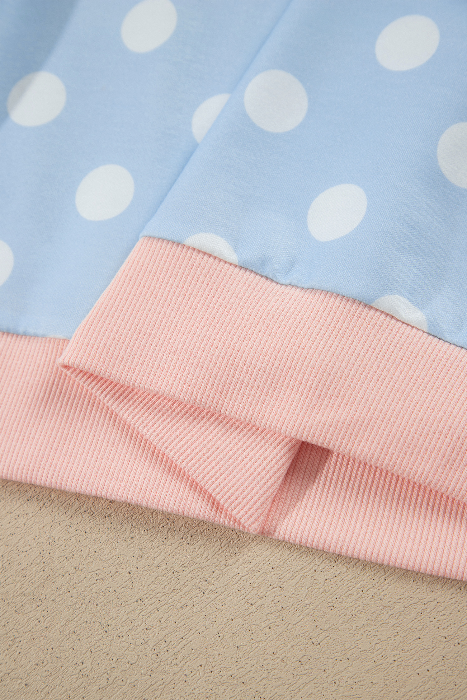 Sky Blue Polka Dot Pants Set, Long Sleeve Contrast Trim - Detail View 11