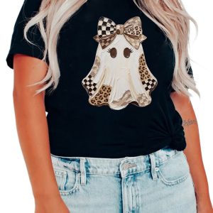 Women's Halloween Ghost Graphic Tee, Casual Black Short Sleeve - Main View