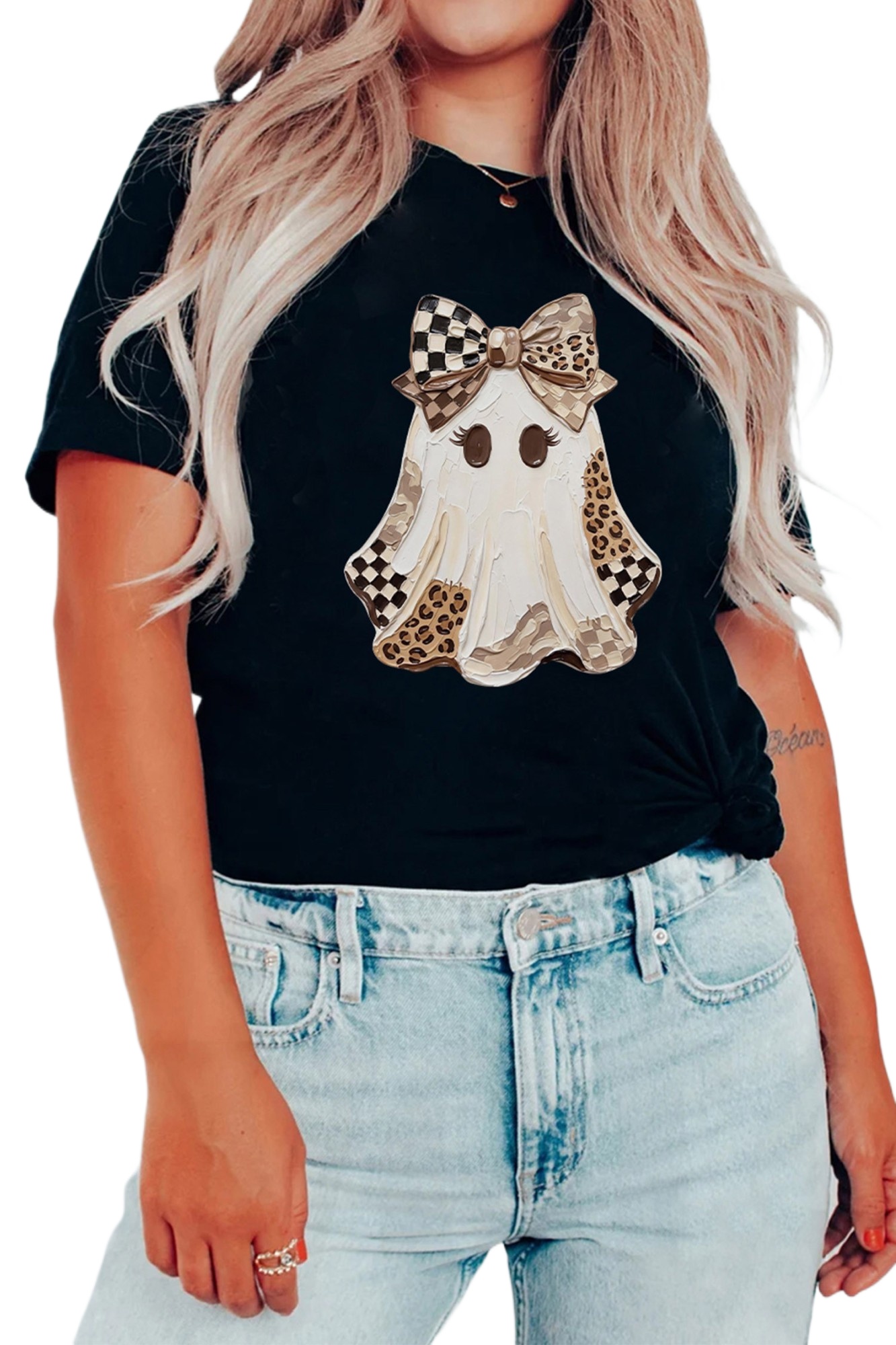 Women's Halloween Ghost Graphic Tee, Casual Black Short Sleeve - Main View