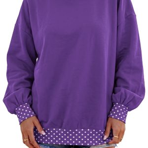 Women's Purple Polka Dot Sweatshirt, Casual Mock Neck Top - Main View