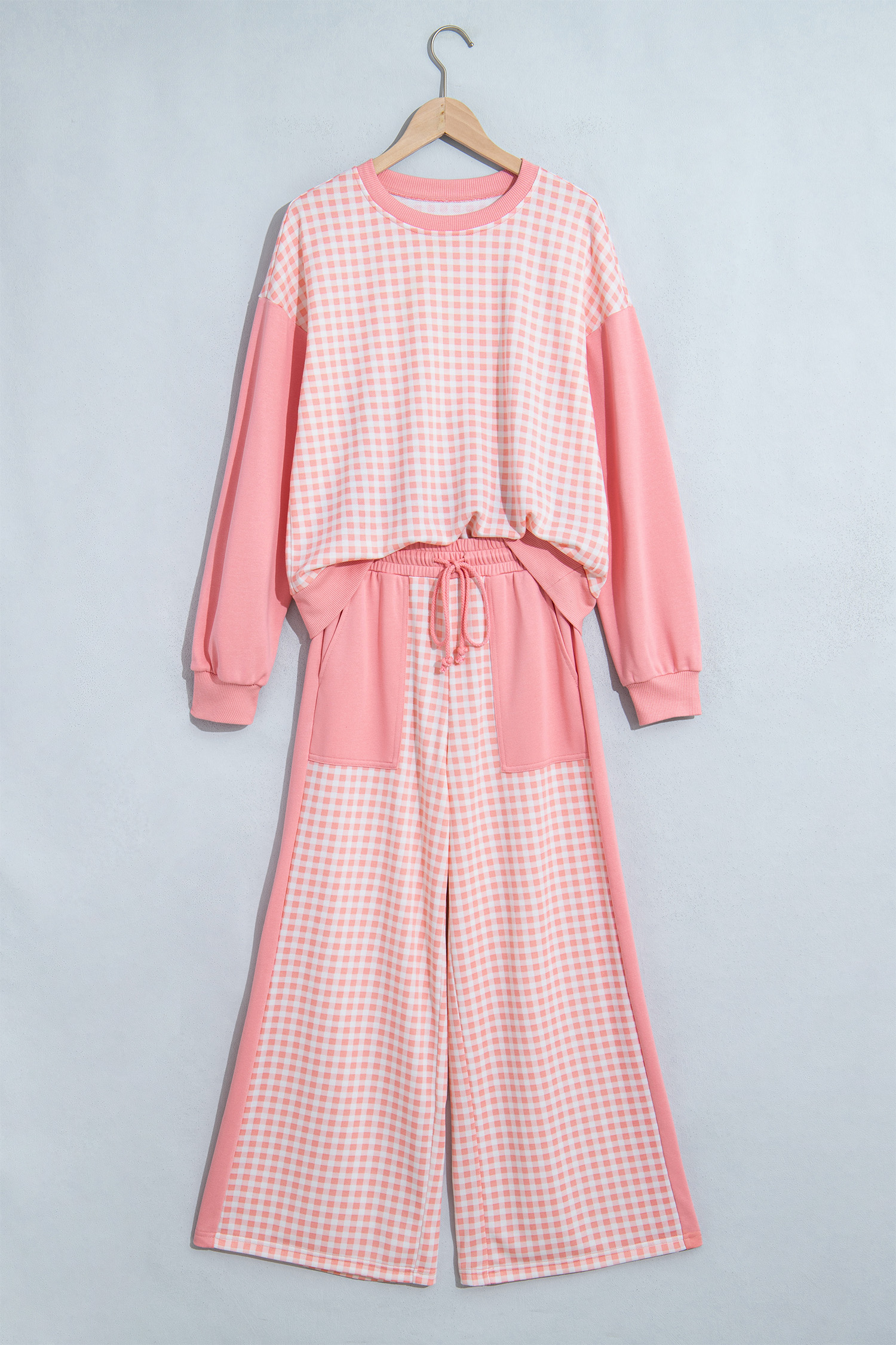Women's Plaid Long Sleeve Pants Set, Cozy Wide Leg Lounge - Detail View 3