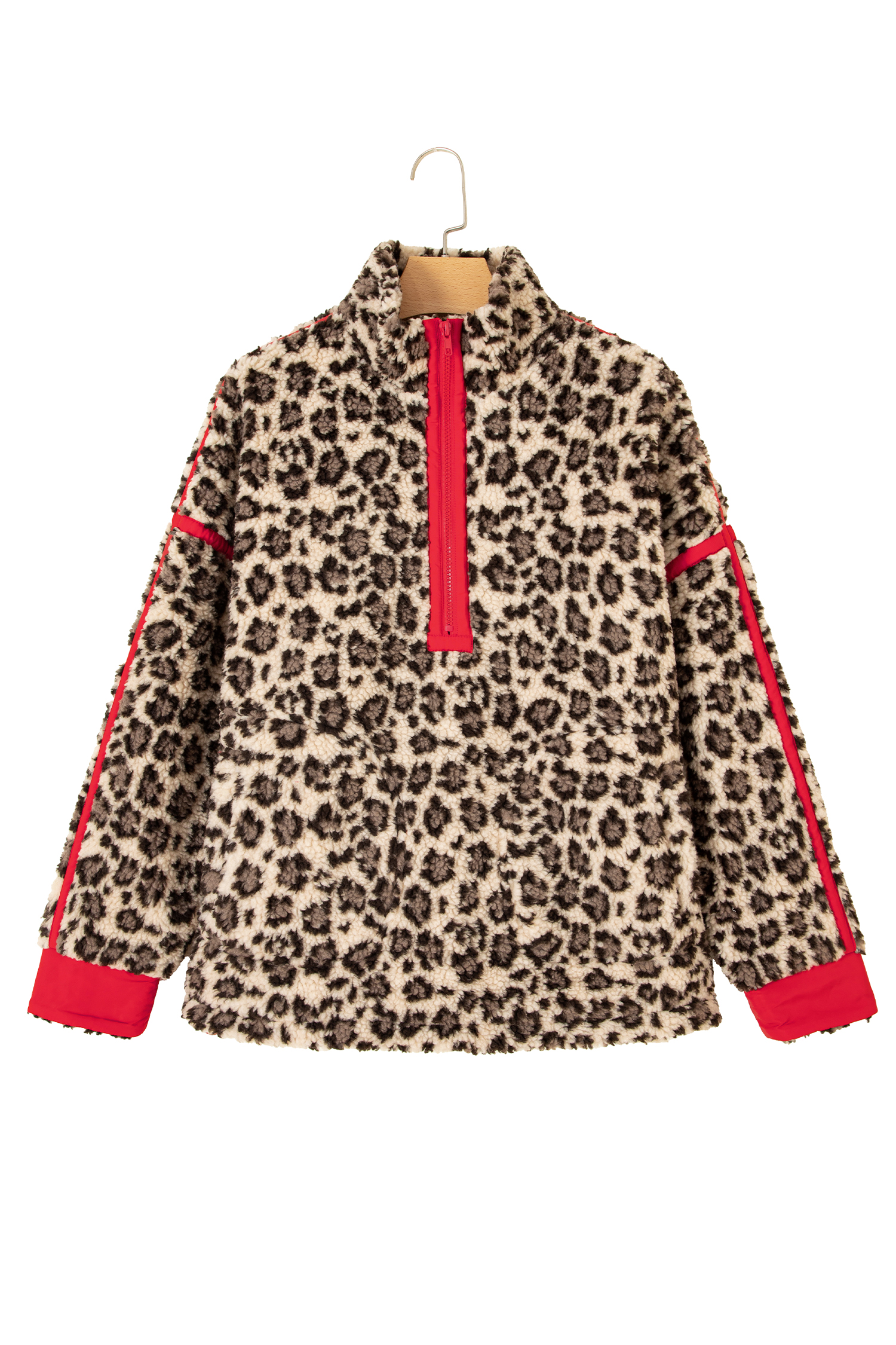 Brown Leopard Print Sweatshirt, Red Accent Women Top - Detail View 8
