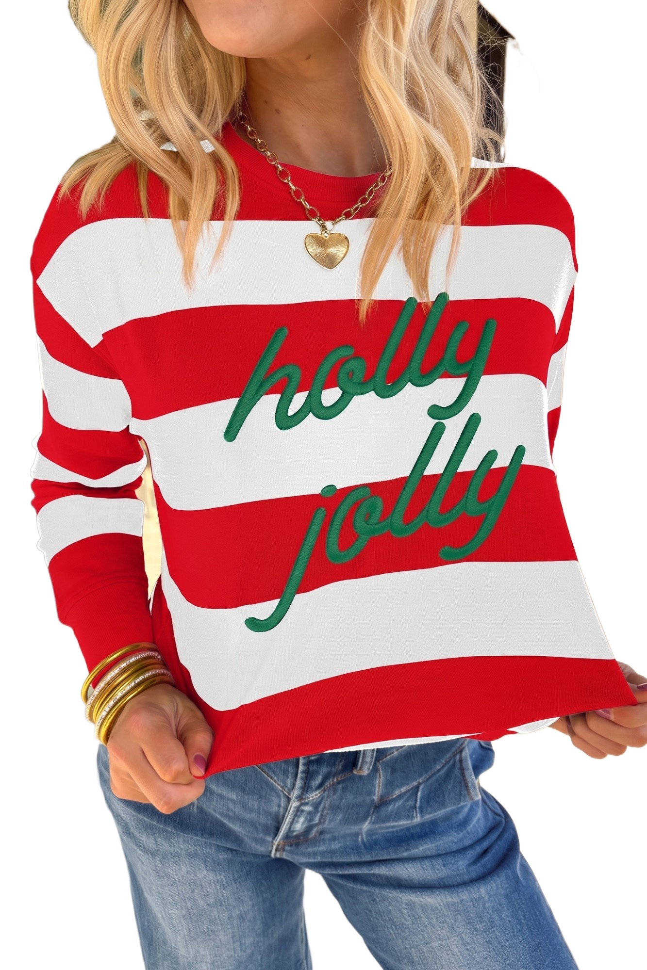 Women's Striped Holly Jolly Sweatshirt, Casual Pullover - Main View