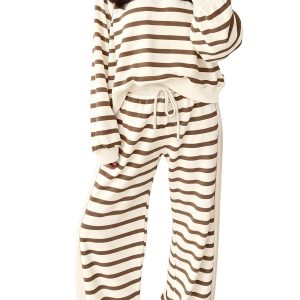 Striped Knit Lounge Set, Women Casual Drawstring Pants - Main View