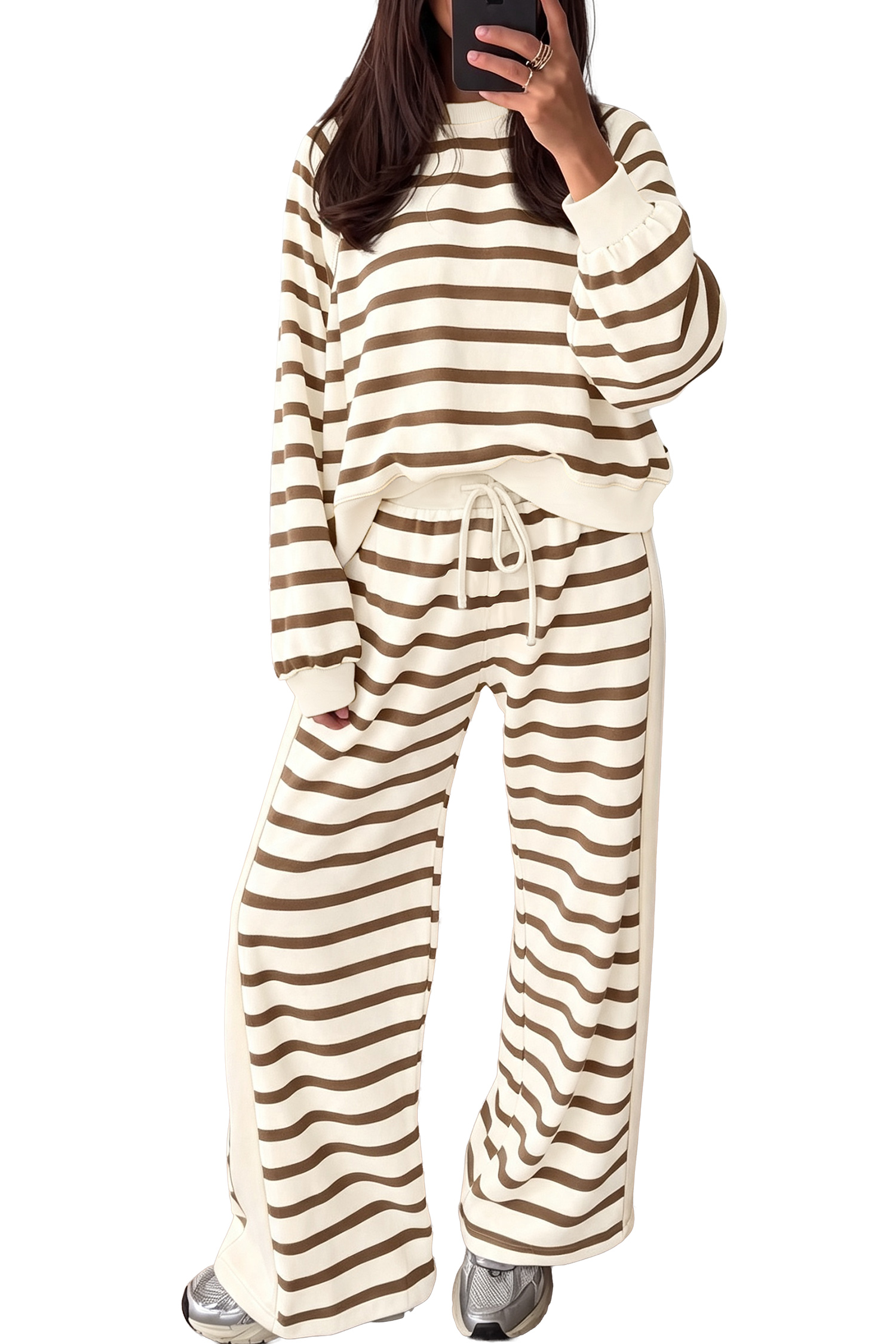 Striped Knit Lounge Set, Women Casual Drawstring Pants - Main View