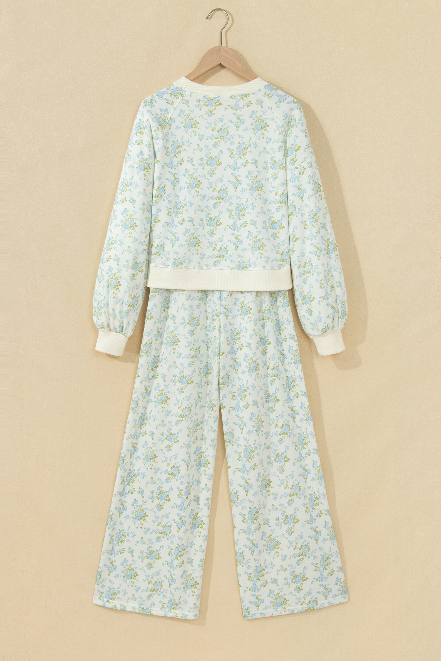 Floral Print Wide Leg Set, Cozy Autumn Loungewear Women - Detail View 5