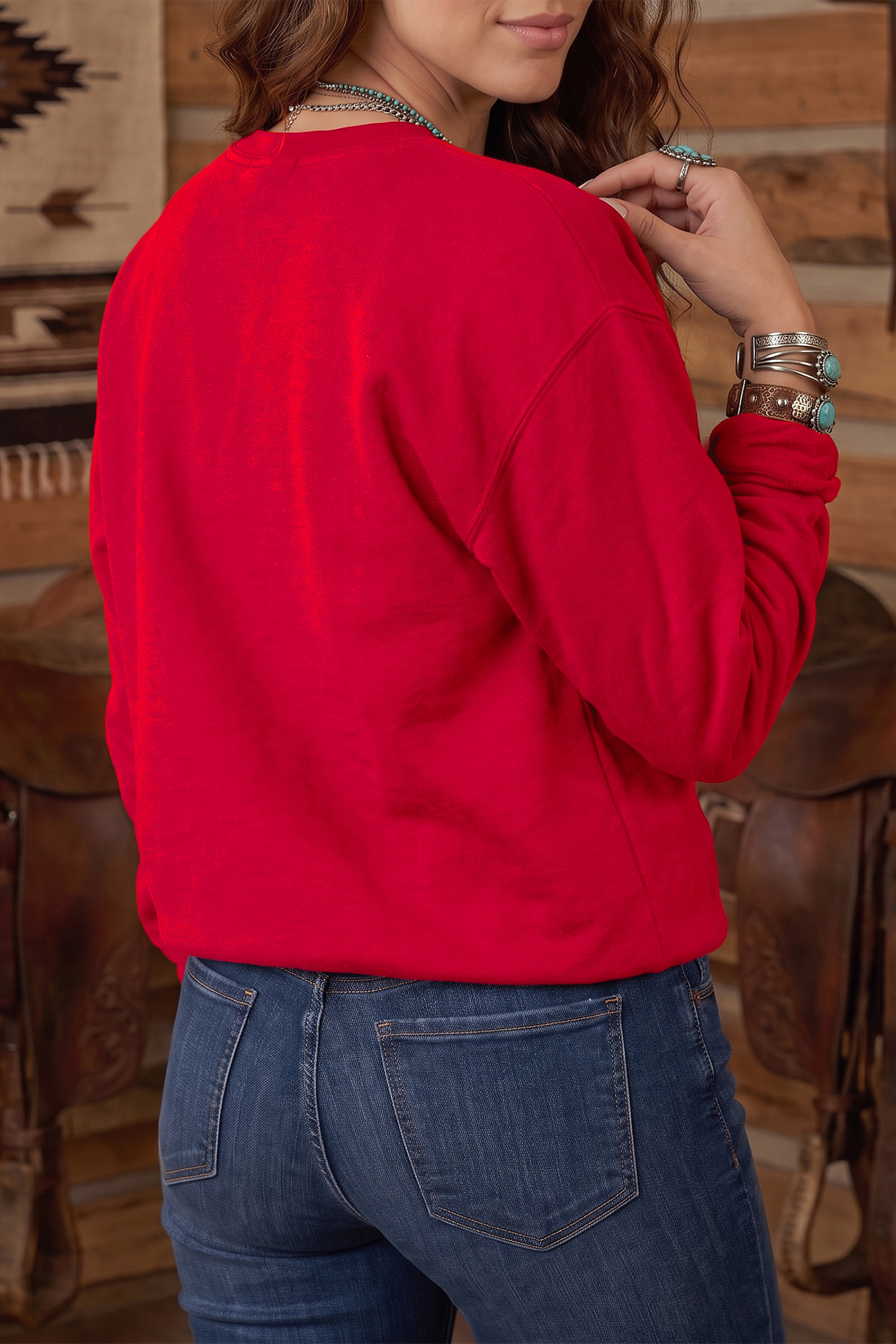 Red Patchwork Letter Pullover, Women's Autumn Sweatshirt - Detail View 2