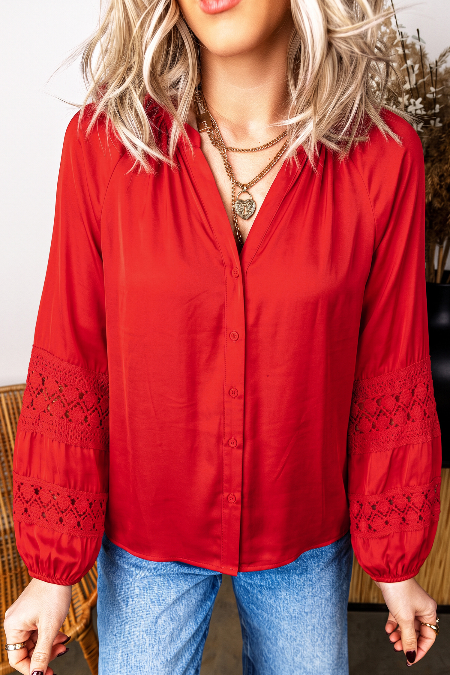 Women's Boho V Neck Red Blouse, Long Sleeve Lace Shirt - Detail View 3
